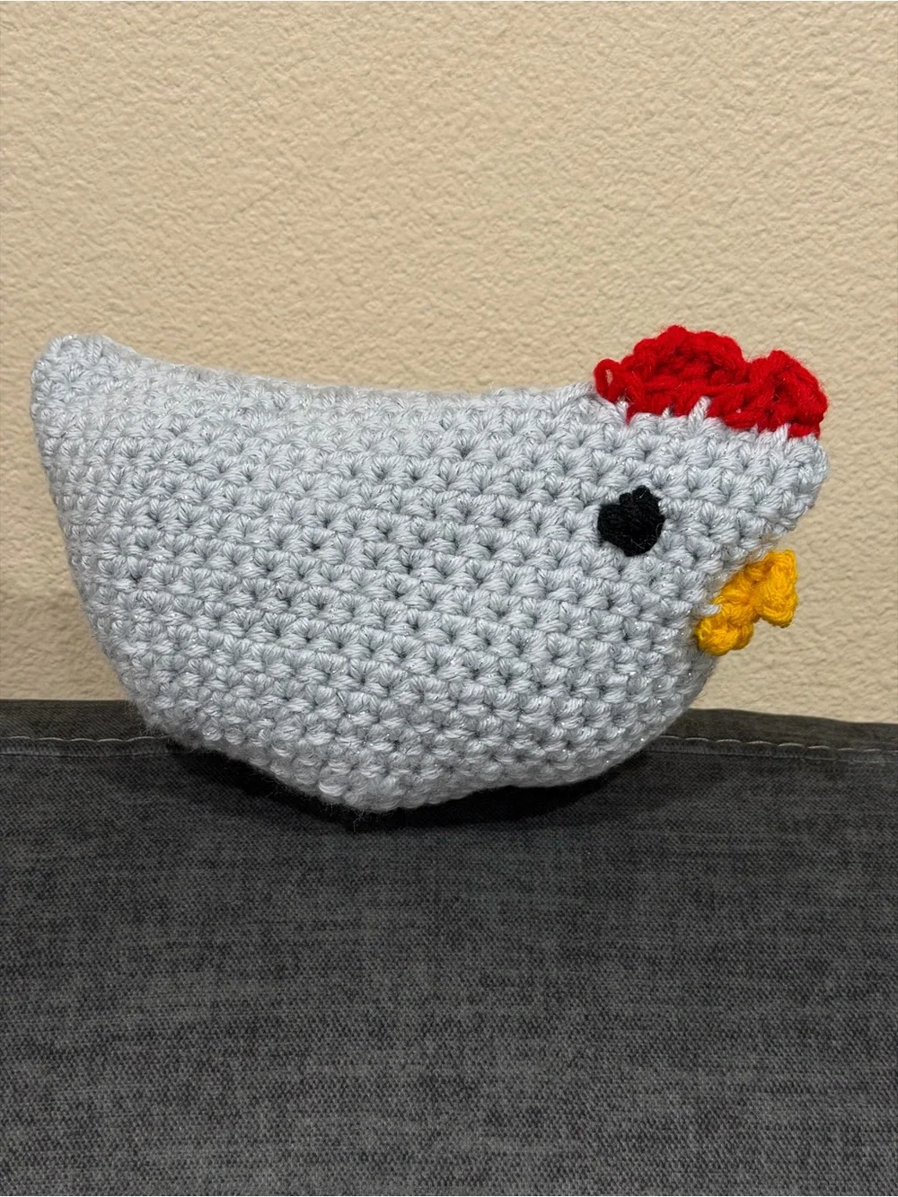 Handmade Gray Chicken Plush Bird Toy with Red Comb and Yellow Beak
